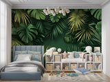 Monstera leaf mural wallpaper in cozy bedroom setting with minimal furniture