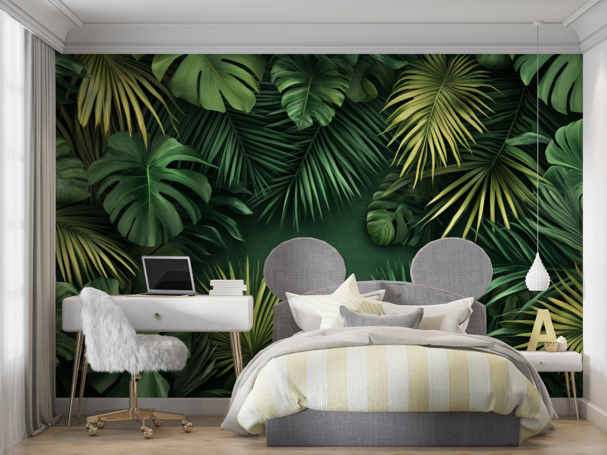 Monstera leaf pattern creating depth in hallway setting