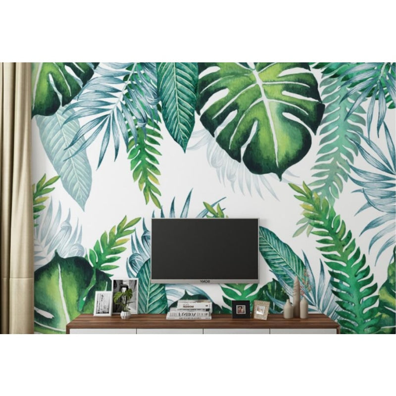 Monstera wall mural creating calm atmosphere in minimalist bedroom setting