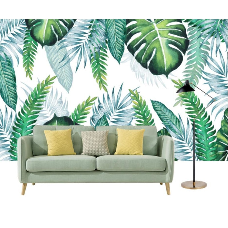 Botanical leaf wallpaper enhancing home office with green natural vibe