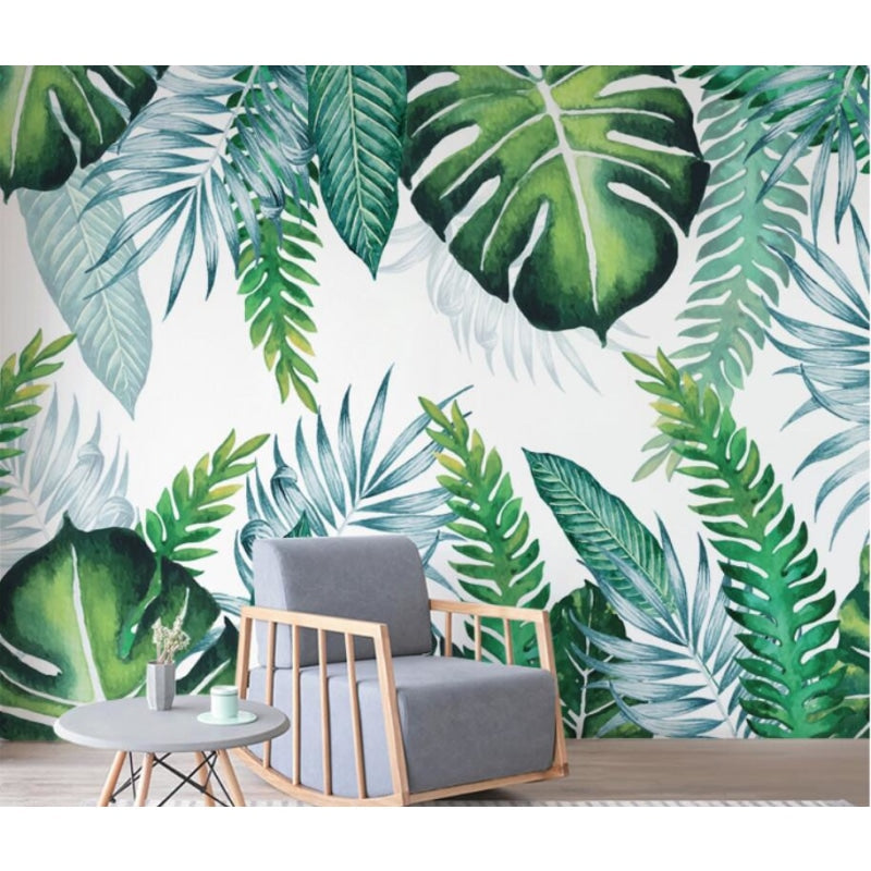 Tropical palm leaves mural in contemporary dining room space