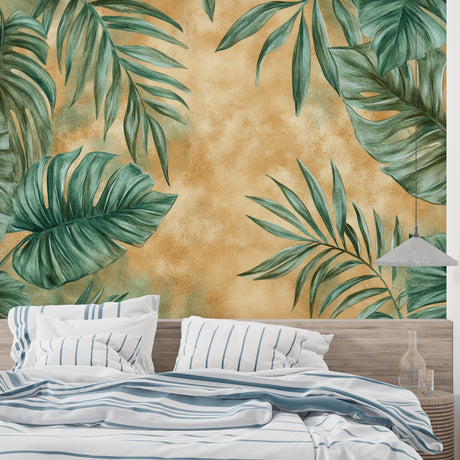 Tropical leaf wallpaper creating a stunning backdrop in a modern living room with natural light