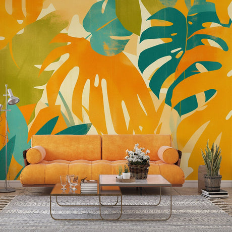 Tropical leaf wallpaper bringing fresh energy to modern living room with orange and teal monstera leaves