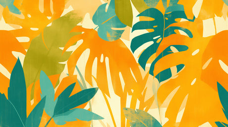 Monstera leaf mural creating bold statement in dining room with contemporary furniture