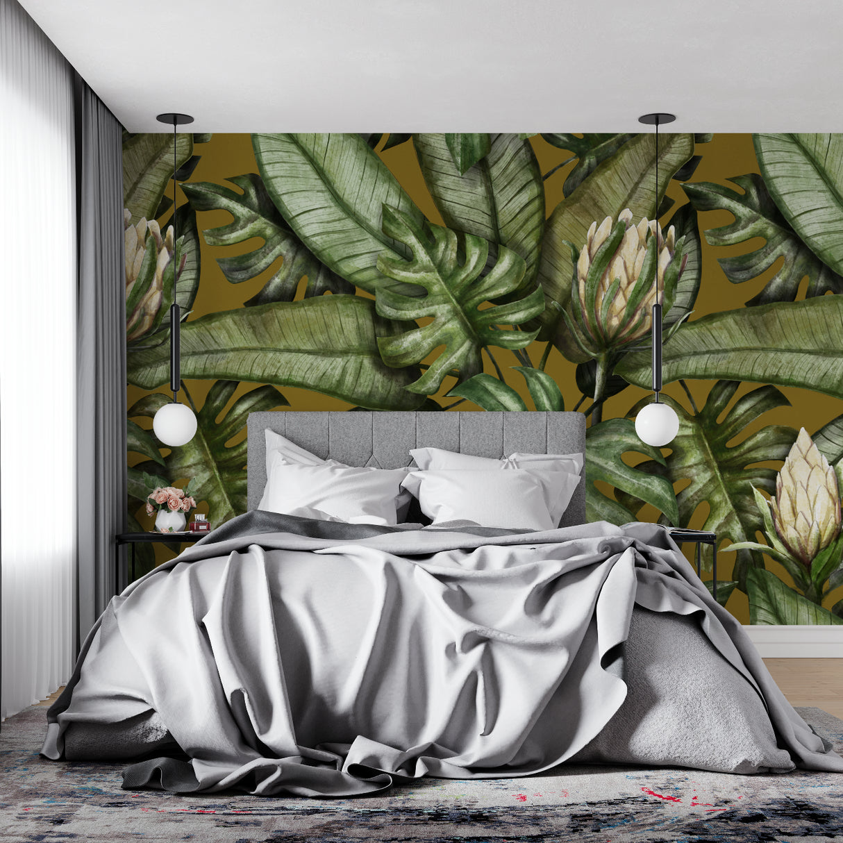 Botanical wall mural creating statement in hallway with pendant lighting