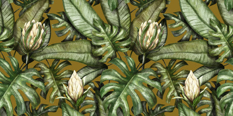 Design file showing detailed Monstera leaves pattern on golden background