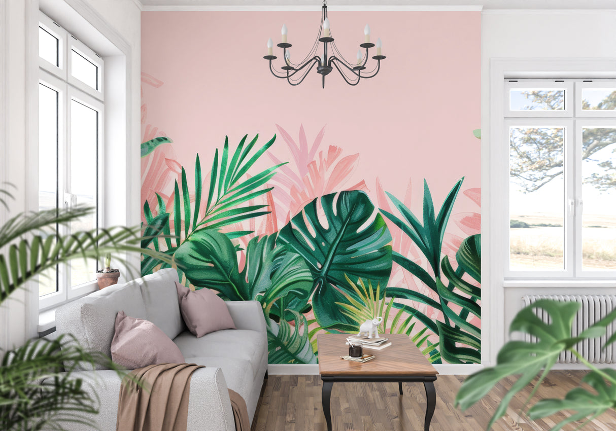 Tropical Monstera leaf wallpaper in modern living room with pink sofa and natural light