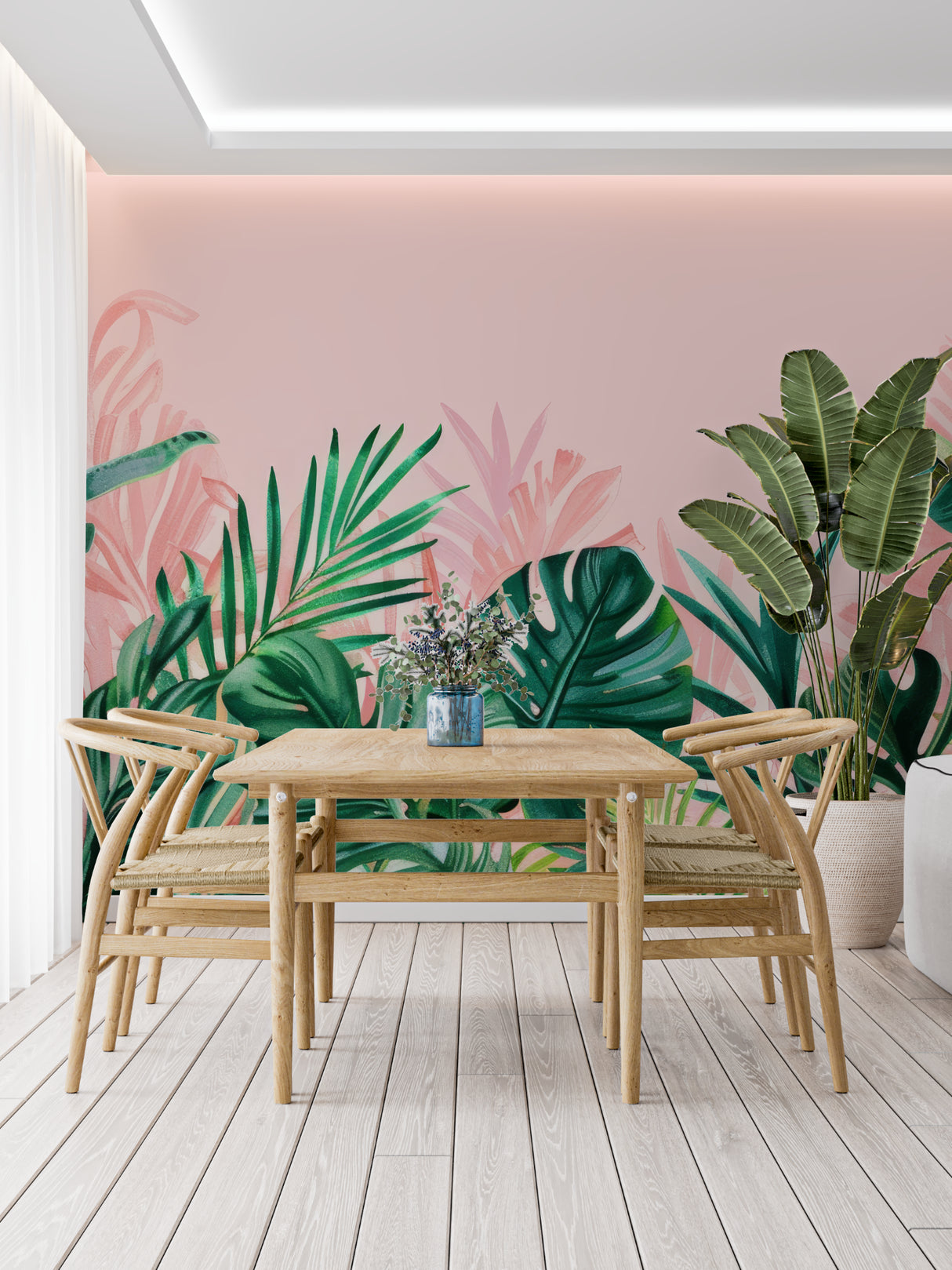 Pink and green Monstera wallpaper in stylish bedroom with white furniture