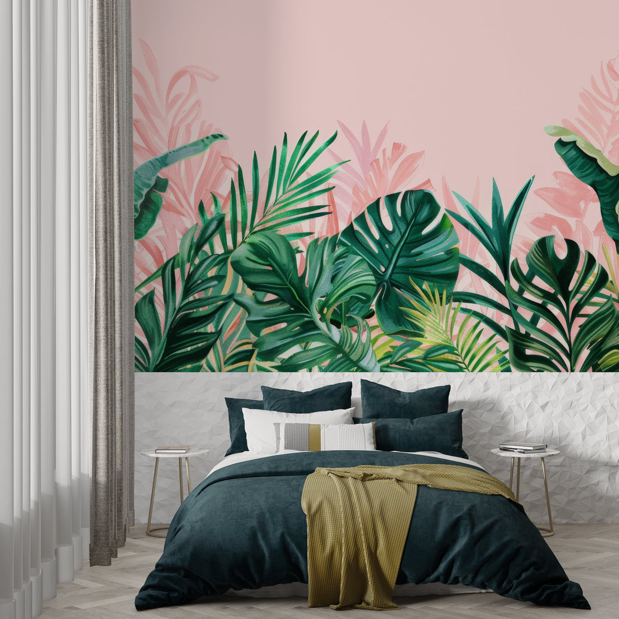 Botanical wall mural featuring Monstera leaves in home office setting