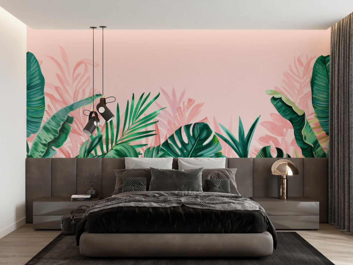 Tropical leaf wallpaper creating fresh atmosphere in dining room