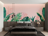 Tropical leaf wallpaper creating fresh atmosphere in dining room