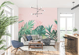 Pink Monstera wallpaper making statement in modern bathroom