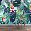 Tropical bird wallpaper with monstera leaves creating a stunning focal point in a modern living room