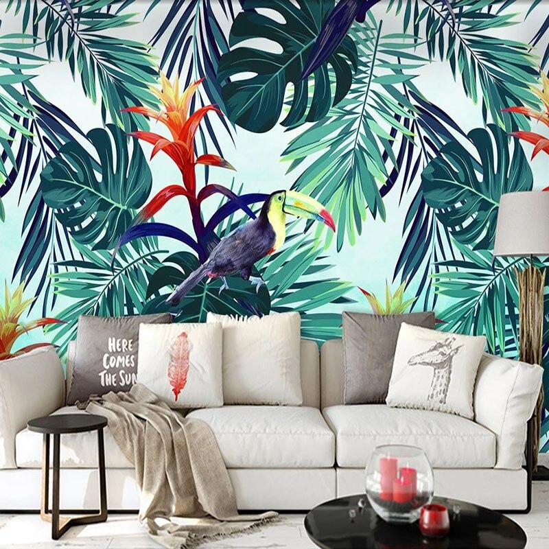 Tropical wallpaper with toucan design making a beautiful statement in a dining area
