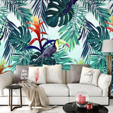 Tropical wallpaper with toucan design making a beautiful statement in a dining area