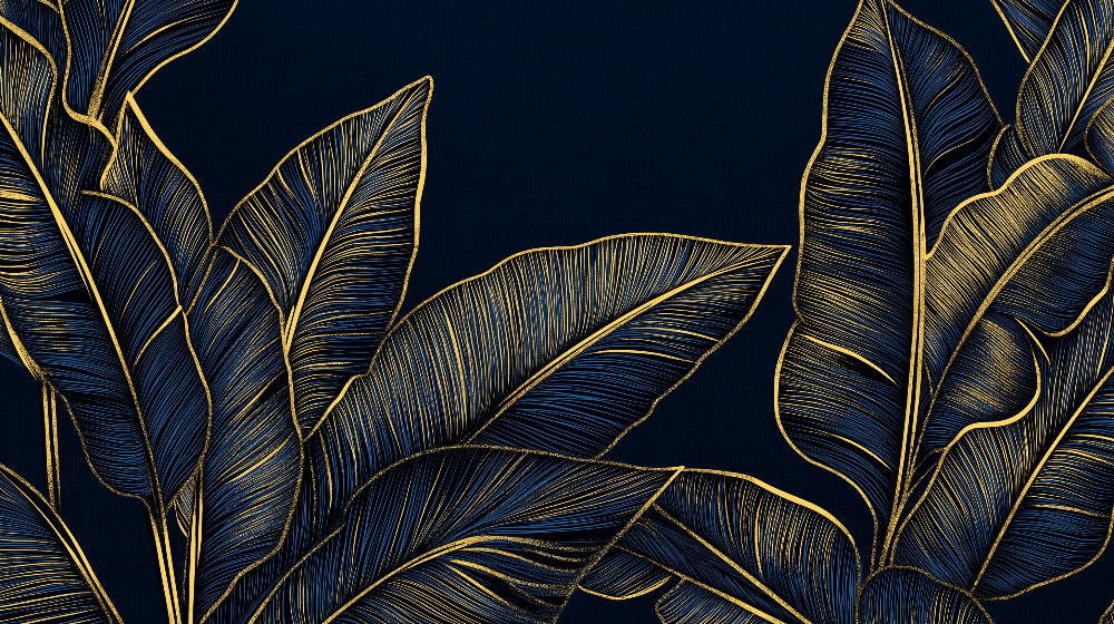 Navy and gold banana leaf wallpaper design file showing intricate botanical pattern and metallic details