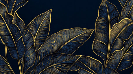 Navy and gold banana leaf wallpaper design file showing intricate botanical pattern and metallic details