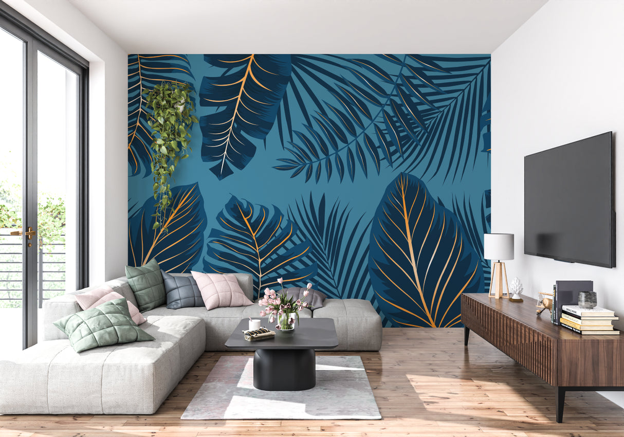 Elegant dining room featuring tropical leaf mural wallpaper in deep navy with gold details