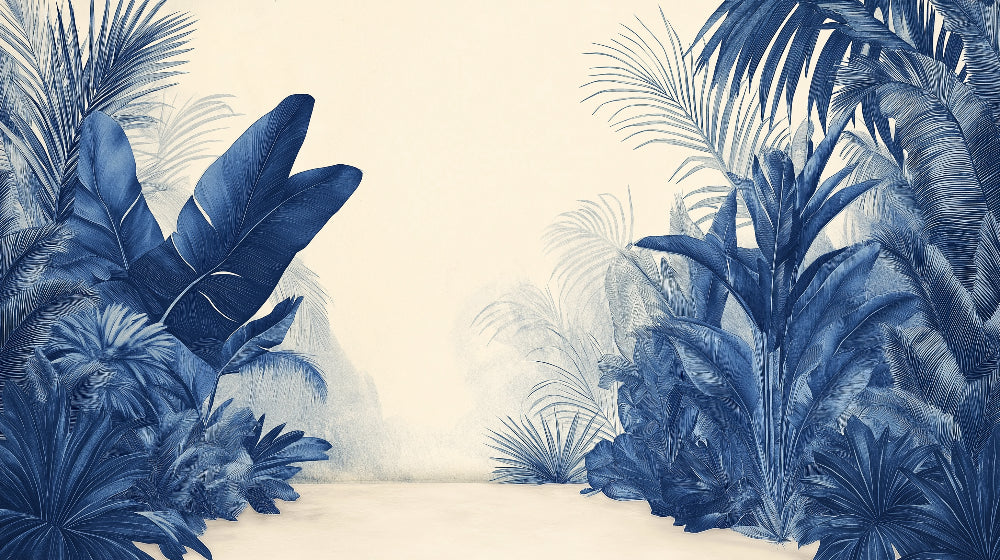 Navy blue palm leaves design file showing detailed tropical pattern on beige background