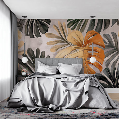 Orange Monstera leaf wallpaper in modern living room, creating warm tropical atmosphere