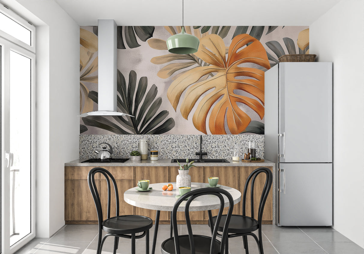 Tropical wall mural with orange leaves in sunny dining room setting