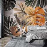 Botanical palm leaf wallpaper bringing warmth to bedroom space