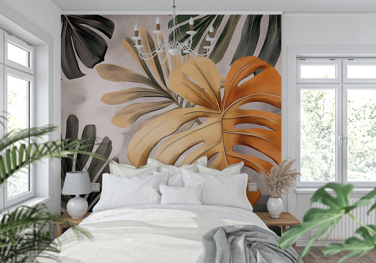 Tropical leaf mural adding color to hallway entrance