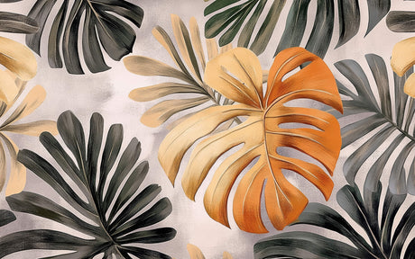 High-resolution design file of orange monstera and palm leaves pattern