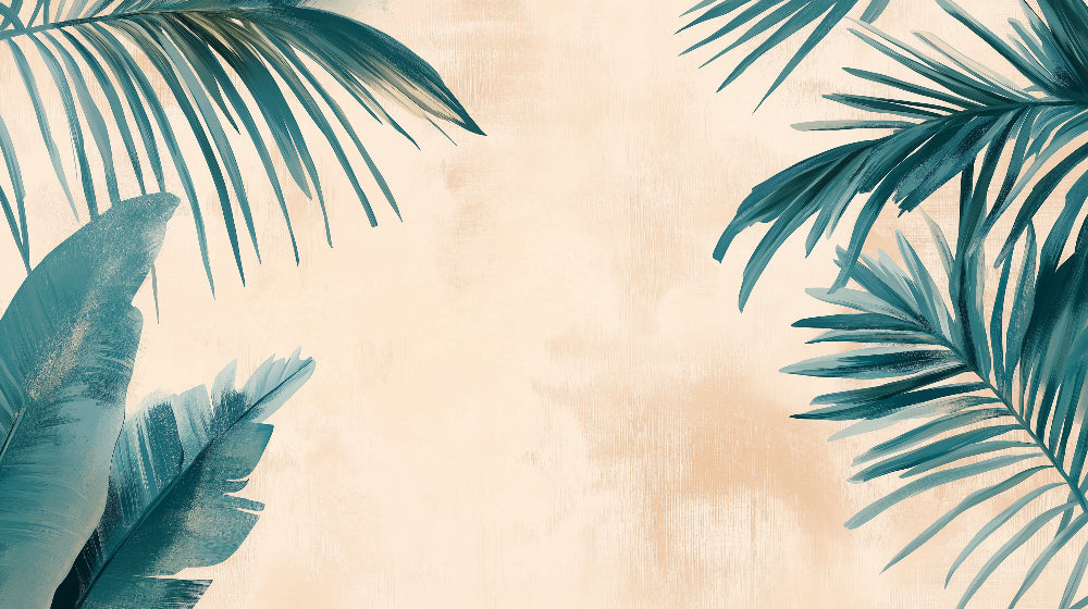 Tropical Palm Leaf Wallpaper creating a serene atmosphere in a modern living room with natural light and minimal furniture