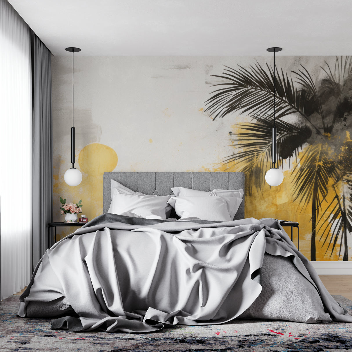 Tropical sunset wallpaper adding warmth to a contemporary dining room