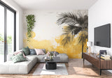 Black palm leaves mural making a bold statement in a modern home office