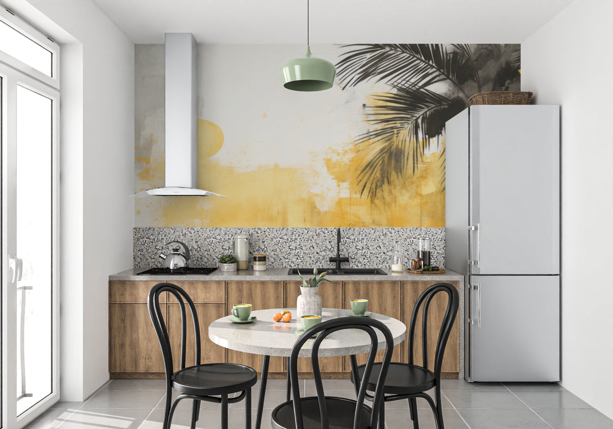 Yellow sunset palm wallpaper brightening up a stylish bathroom space