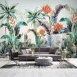 Tropical palm and Bird of Paradise wallpaper in modern living room with natural light