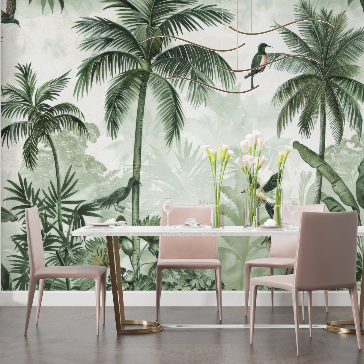 Tropical paradise wallpaper with palm trees and birds creating a fresh look in a modern living room