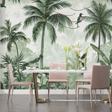 Tropical paradise wallpaper with palm trees and birds creating a fresh look in a modern living room