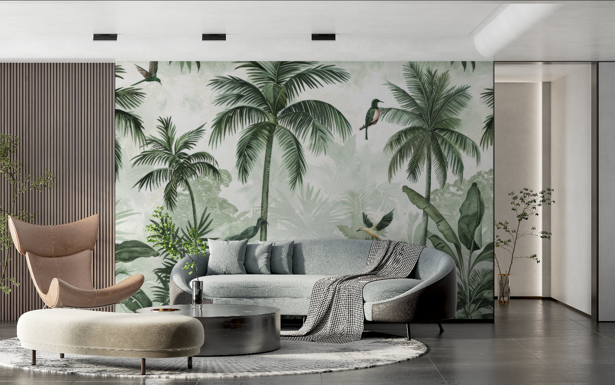 Palm tree wall mural bringing nature into a bright dining room setting