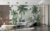 Palm tree wall mural bringing nature into a bright dining room setting