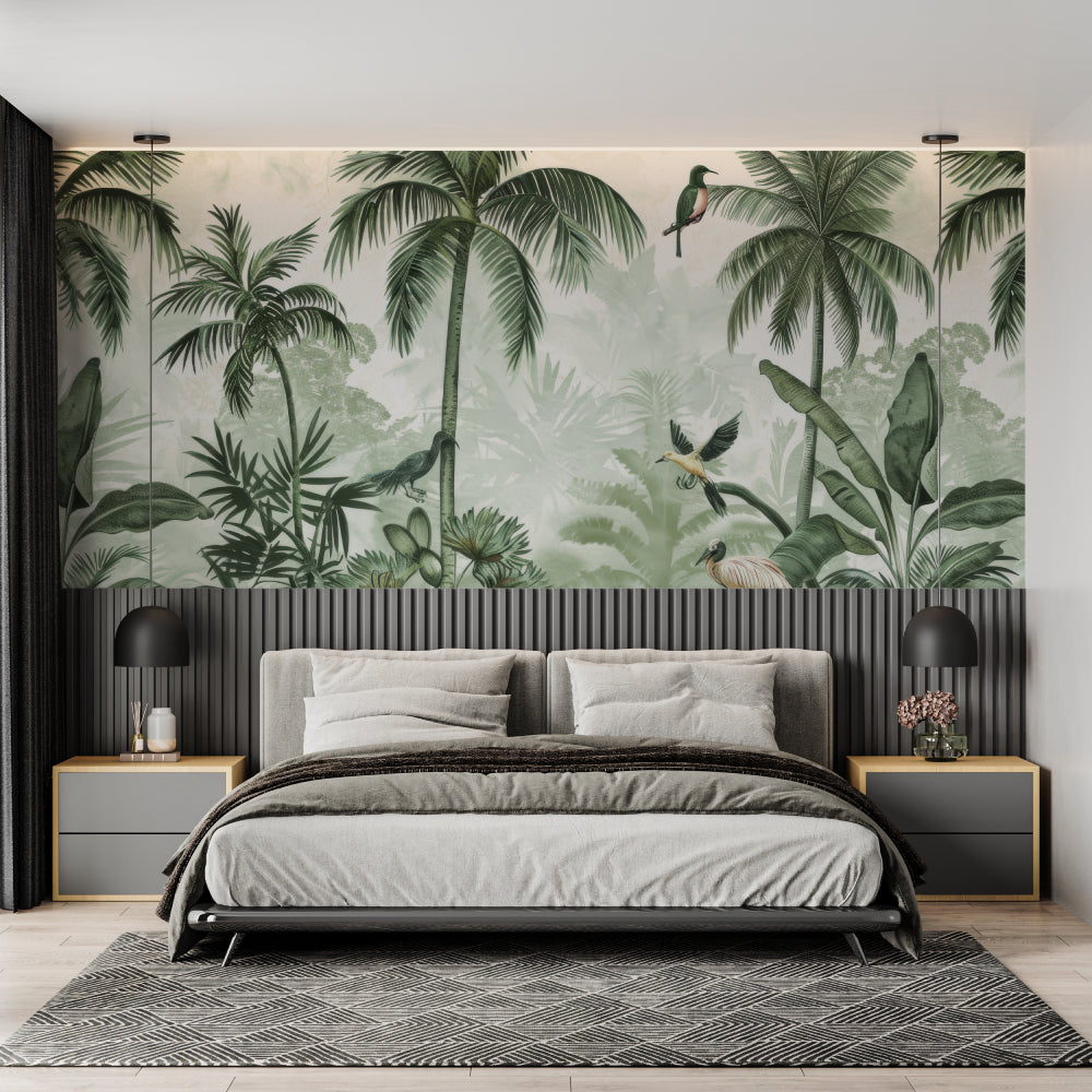 Tropical birds wallpaper transforming a bedroom into a peaceful sanctuary