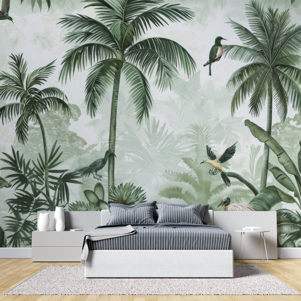 Birds and palm leaves mural adding depth to a home office space