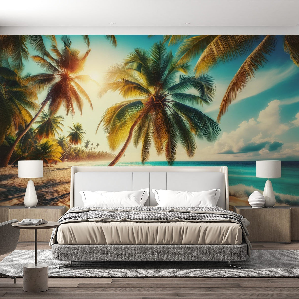 Tropical beach sunset mural wallpaper creating a calm atmosphere in a modern living room with coastal furniture