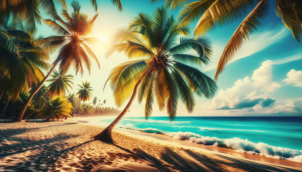 Tropical beach paradise wallpaper design file showing detailed palm trees and sunset colors
