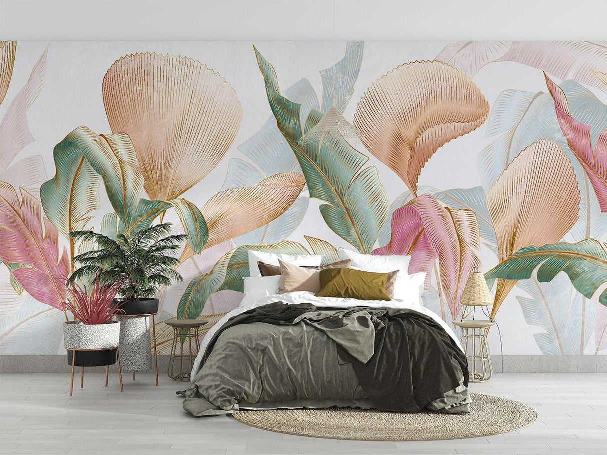 Tropical wallpaper with gold accents making a statement in a home office