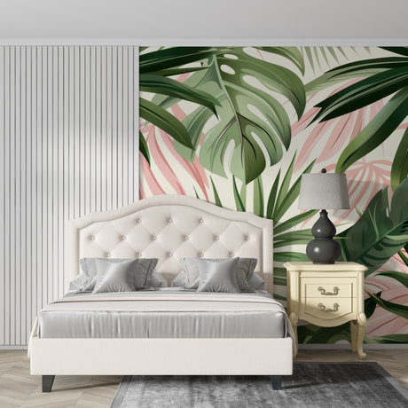 Tropical leaf wallpaper with pink and green monstera leaves in modern living room setting