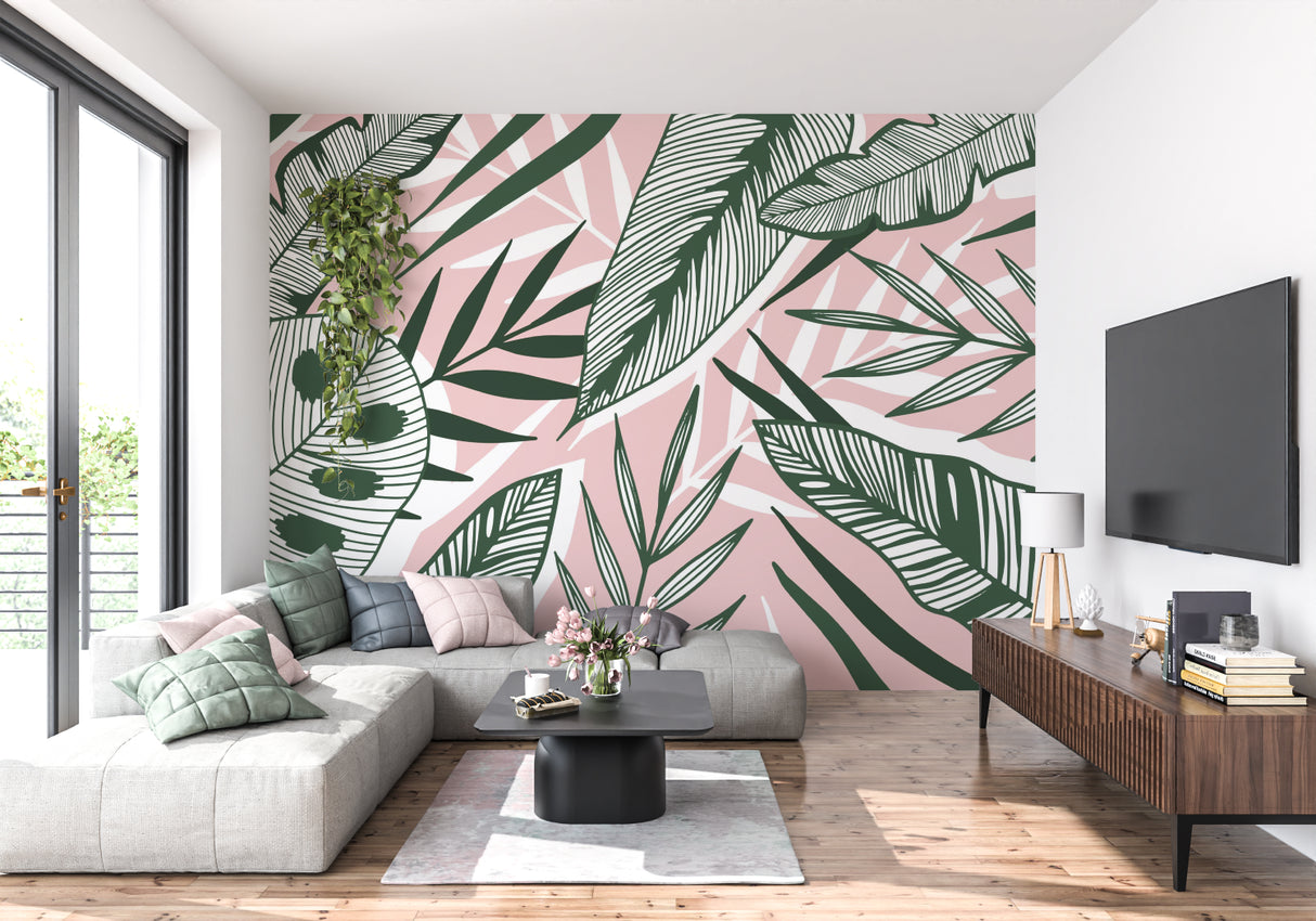 Tropical palm leaf wallpaper bringing fresh energy to a modern living room with pink and green tones