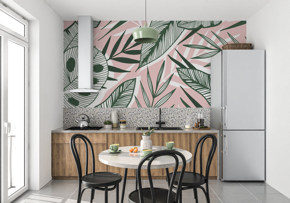 Pink and green tropical wallpaper creating a calm atmosphere in a bright bedroom