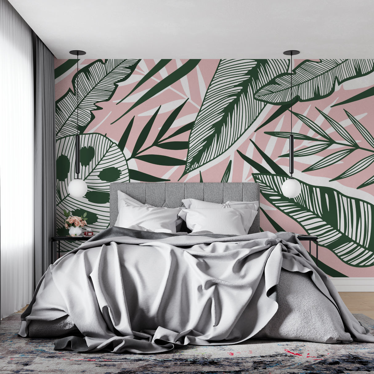 Palm leaf wall mural adding style to a home office with soft pink background