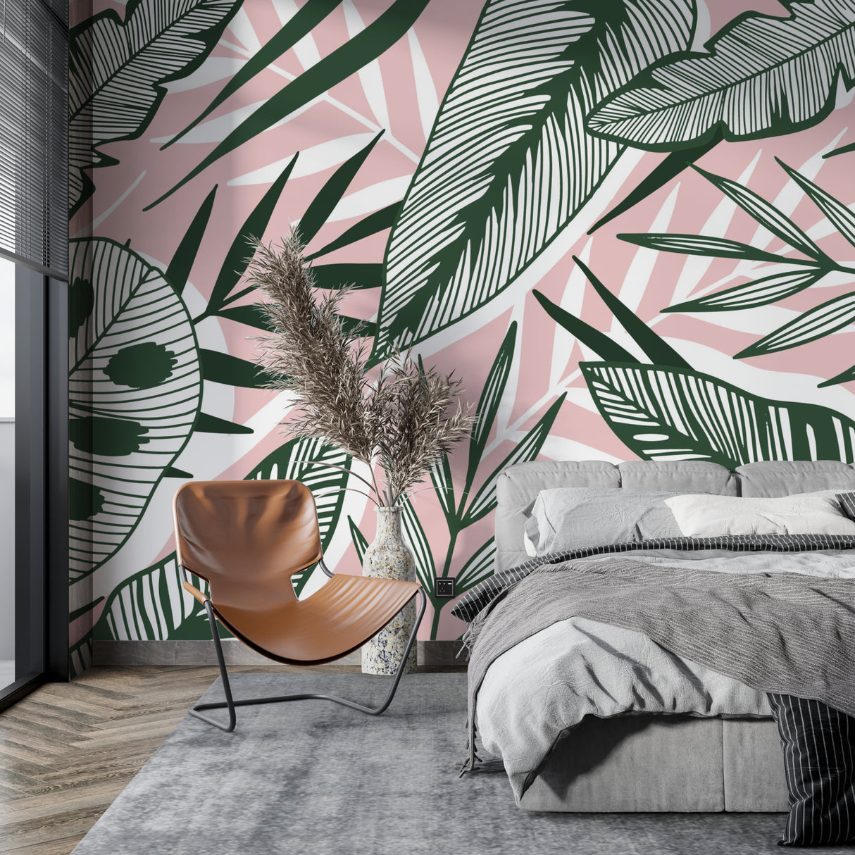 Tropical leaf pattern making a statement in a dining room with natural light
