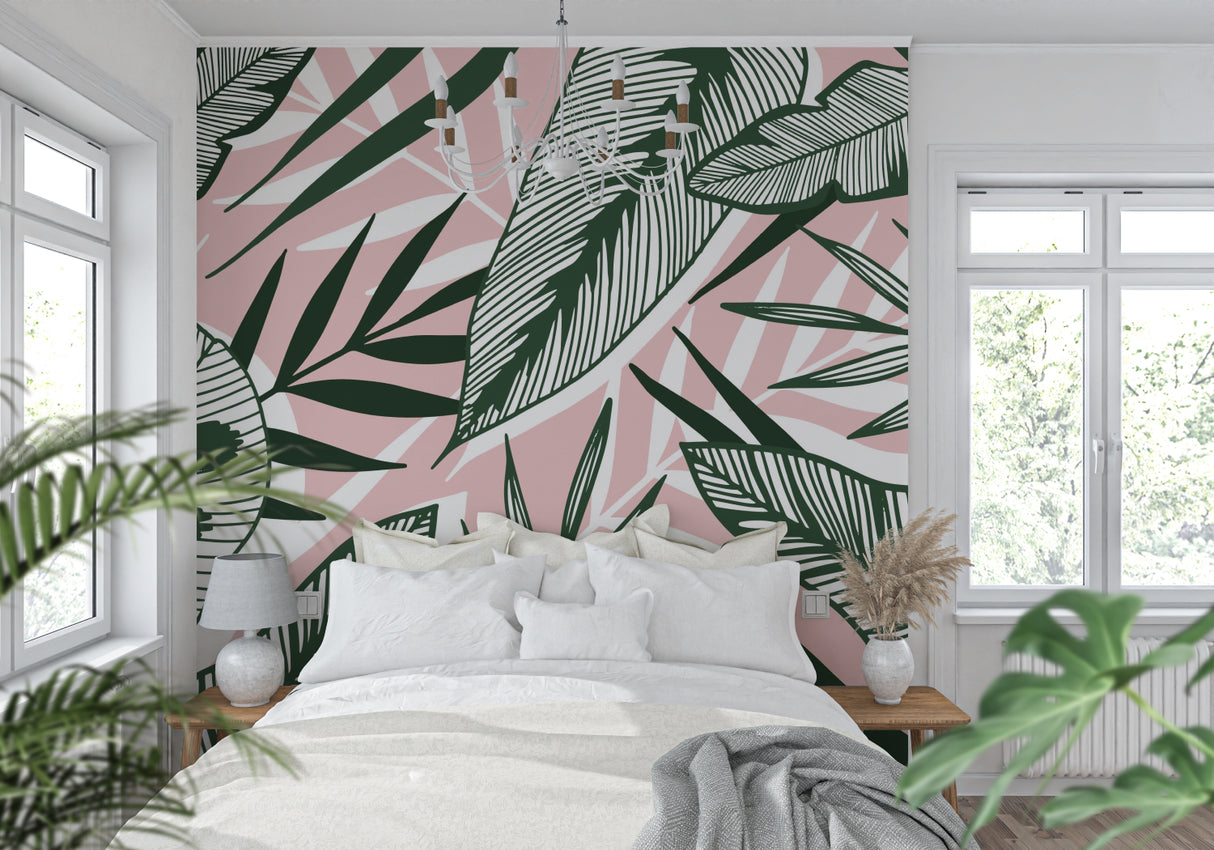 Pink tropical wallpaper bringing warmth to an entrance hall with palm leaf design
