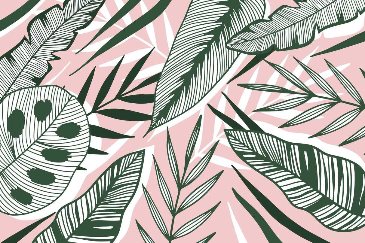 Design file showing detailed palm leaf pattern with pink background and green tropical leaves
