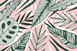 Design file showing detailed palm leaf pattern with pink background and green tropical leaves